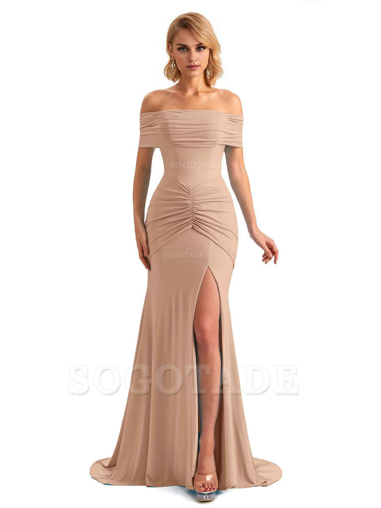 Elegant Mermaid Off The Shoulder Side Slit Stretchy Jersey Long Formal Bridesmaid Dresses