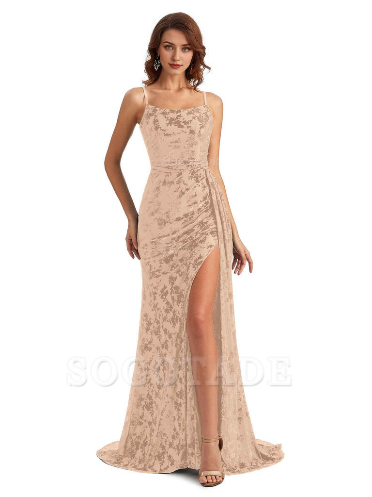 Sexy Side Slit Spaghetti Straps Mermaid Floral Velvet Long Wedding Guest Dresses