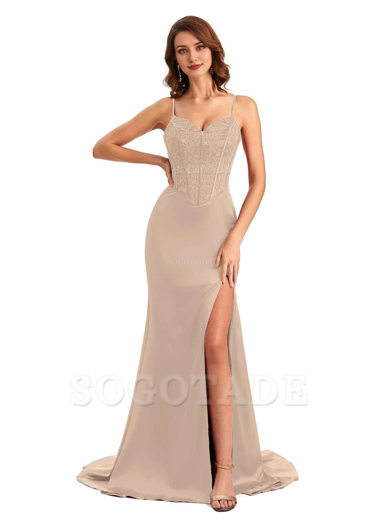 Sexy Side Slit Mermaid Silky Satin V-Neck Lace Unique Long Bridesmaid Dresses