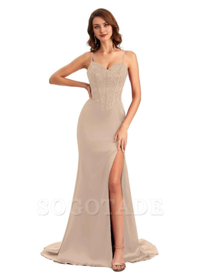 Sexy Side Slit Mermaid Silky Satin V-Neck Lace Unique Long Bridesmaid Dresses