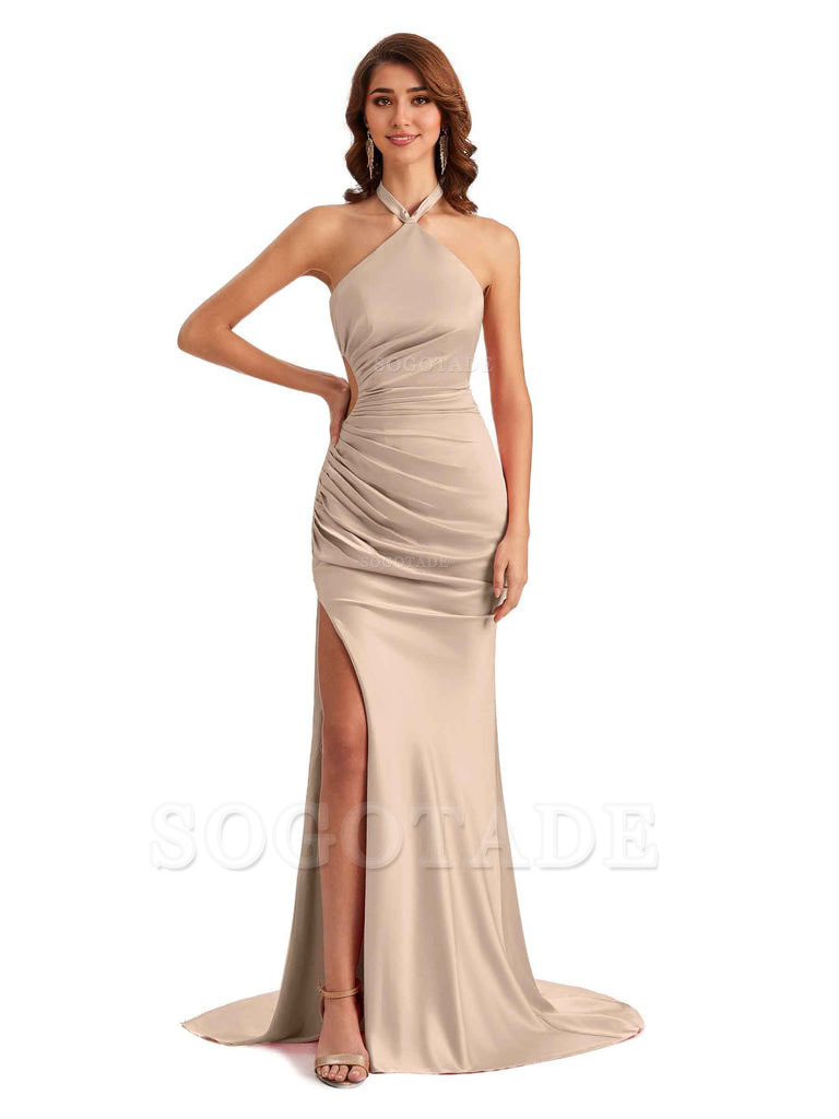 Sexy Halter Mermaid Silky Satin Unique Long Formal Wedding Guest Dresses