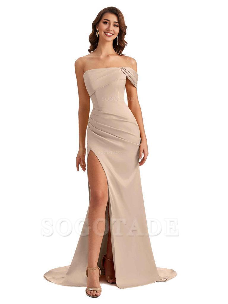 Unique One Shoulder Side Slit Satin Long Formal Dresses For Bridesmaid Dresses