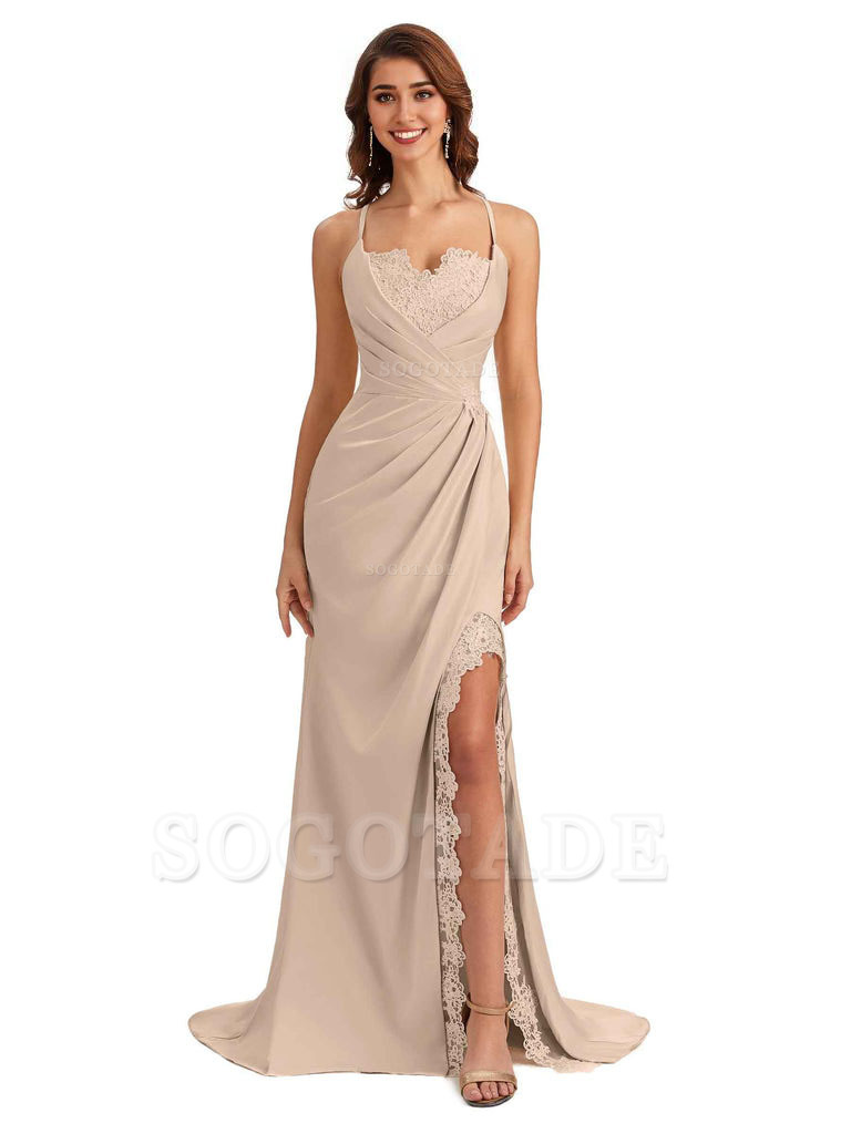 Sexy Side Slit Spaghetti Straps Lace Mermaid Silky Satin Wedding Guest Dresses