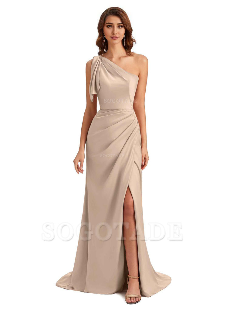 Sexy One Shoulder Mermaid Side Slit Unique Silky Satin Bridesmaid Dresses 