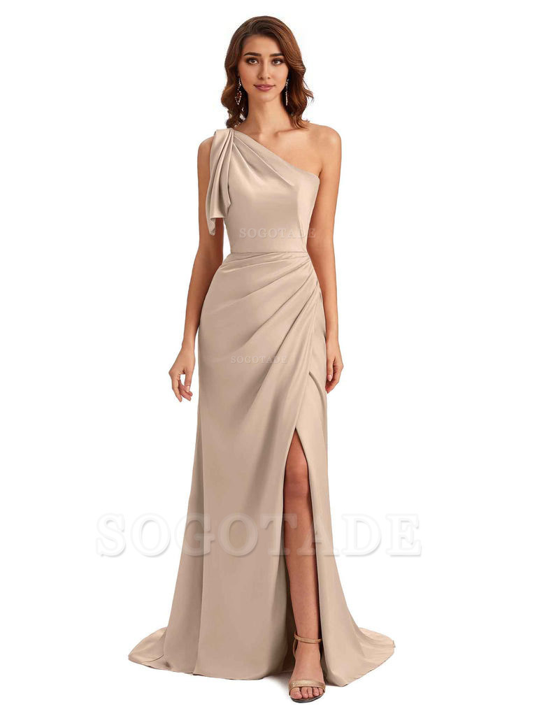 Sexy One Shoulder Mermaid Side Slit Unique Silky Satin Bridesmaid Dresses 