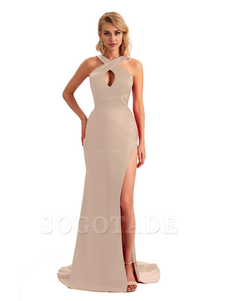 Sexy Side Slit Halter Mermaid Silky Satin Unique Long Formal Wedding Bridesmaid Dresses