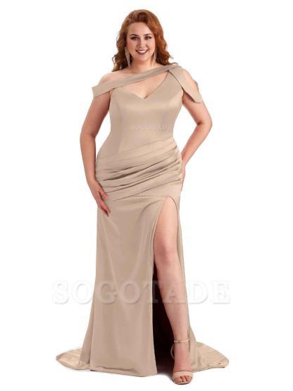 Sexy V-Neck Side Slit Unique Mermaid Soft Satin Long Plus Size Bridesmaid Dress For Wedding