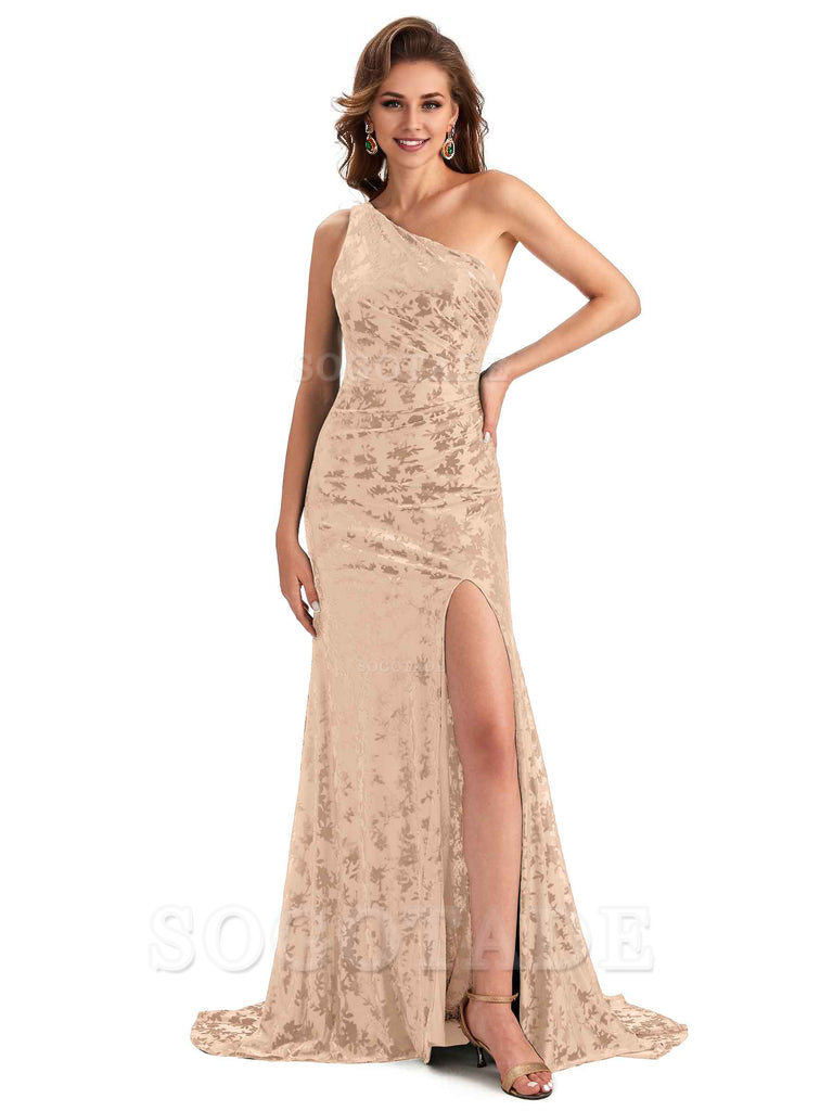 Sexy Side Slit One Shoulder Mermaid Floral Velvet Long Modern Bridesmaid Dresses