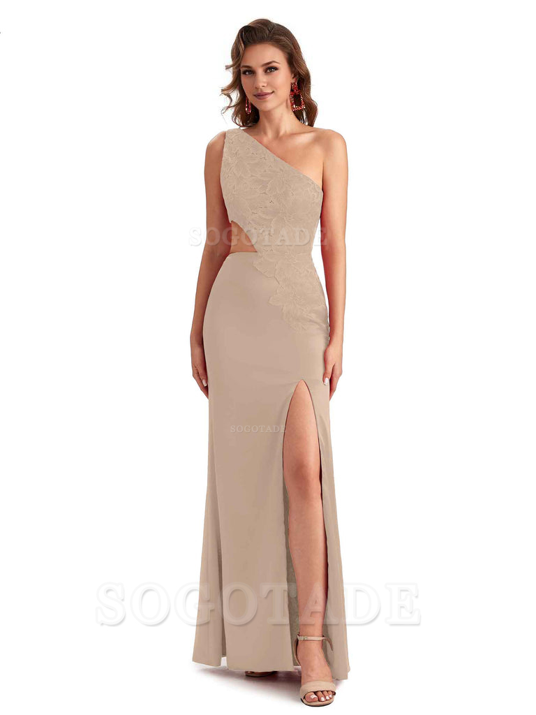 Sexy Side Slit Mermaid Lace Silky Satin One Shoulder Chic Long Bridesmaid Dresses