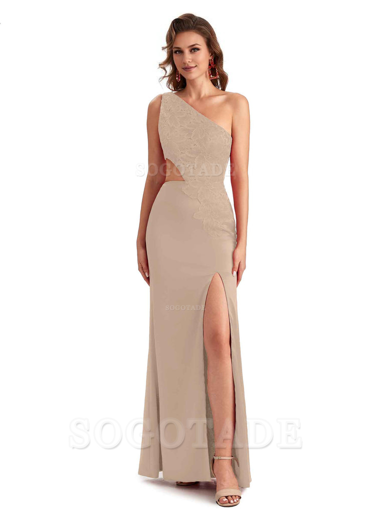 Sexy Side Slit Mermaid Lace Silky Satin One Shoulder Chic Long Bridesmaid Dresses