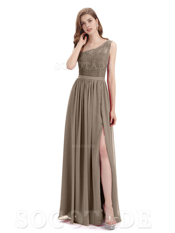 A-Line One Shoulder Top Lace Floor-Length Elegant Adoration Bridesmaid Dresses Formal Women's Dresses Wedding Guests Dresses