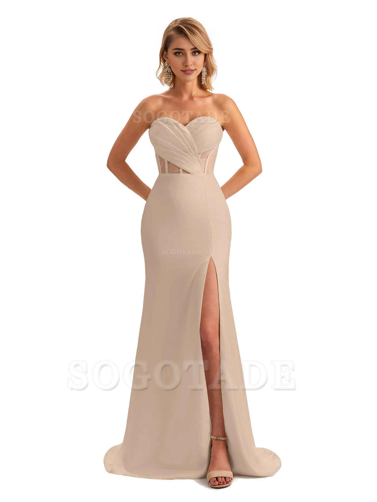 Sexy Sweetheart Strapless Side Slit Mermaid Soft Satin Unique Long Bridesmaid Dress For Wedding