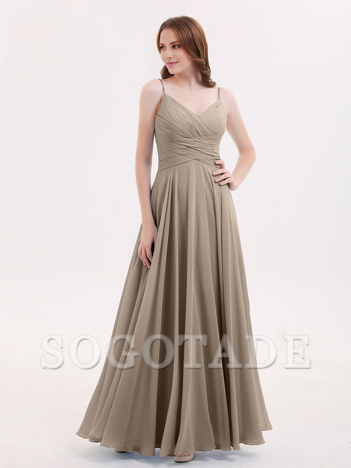 V-neck Fine Shoulder Strap Floor Length Chiffon Bridesmaid Dresses Online