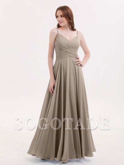 V-neck Fine Shoulder Strap Floor Length Chiffon Bridesmaid Dresses Online