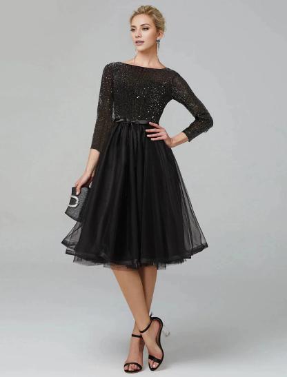 A-Line Cocktail Dresses Sparkle & Shine Dress Formal Wedding Guest Tea Length 3/4 Length Sleeve Jewel Neck Fall Wedding Guest Tulle with Sequin Strappy-SOGOTADE