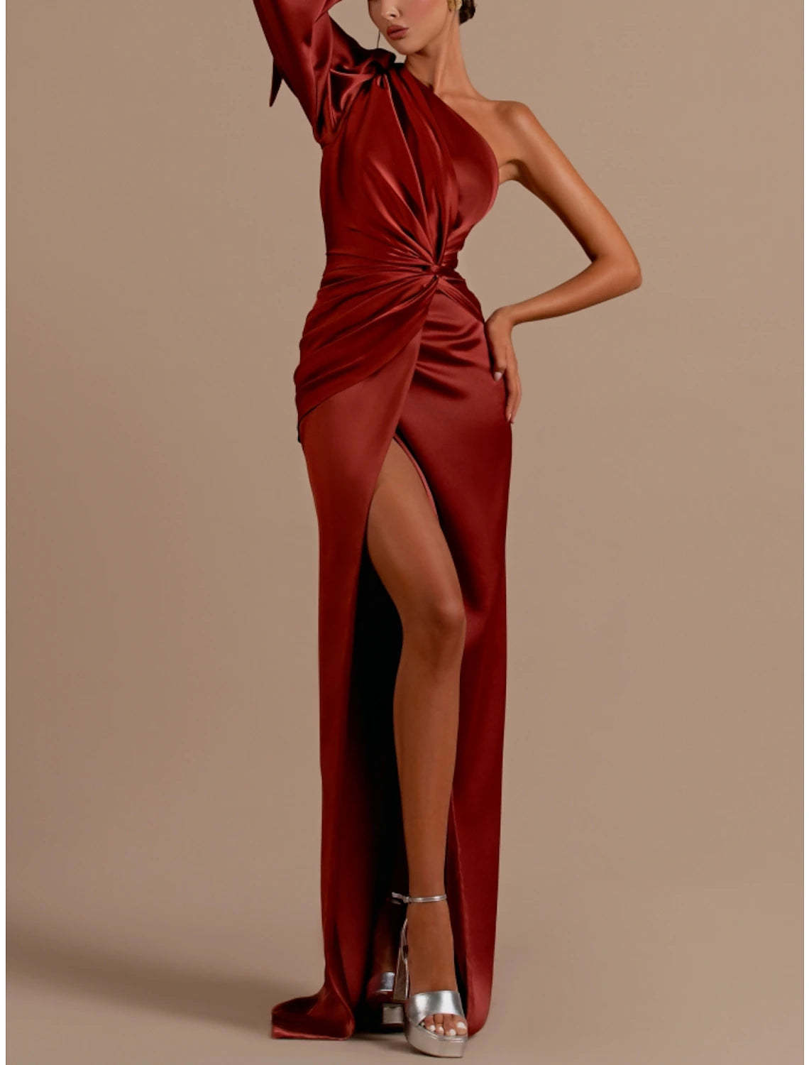A-Line Evening Gown Elegant Dress Formal Sweep / Brush Christmas Red Green Dress Train Long Sleeve One Shoulder Satin with Feather Ruched Strappy 2024-SOGOTADE