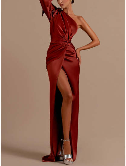 A-Line Evening Gown Elegant Dress Formal Sweep / Brush Christmas Red Green Dress Train Long Sleeve One Shoulder Satin with Feather Ruched Strappy 2024-SOGOTADE