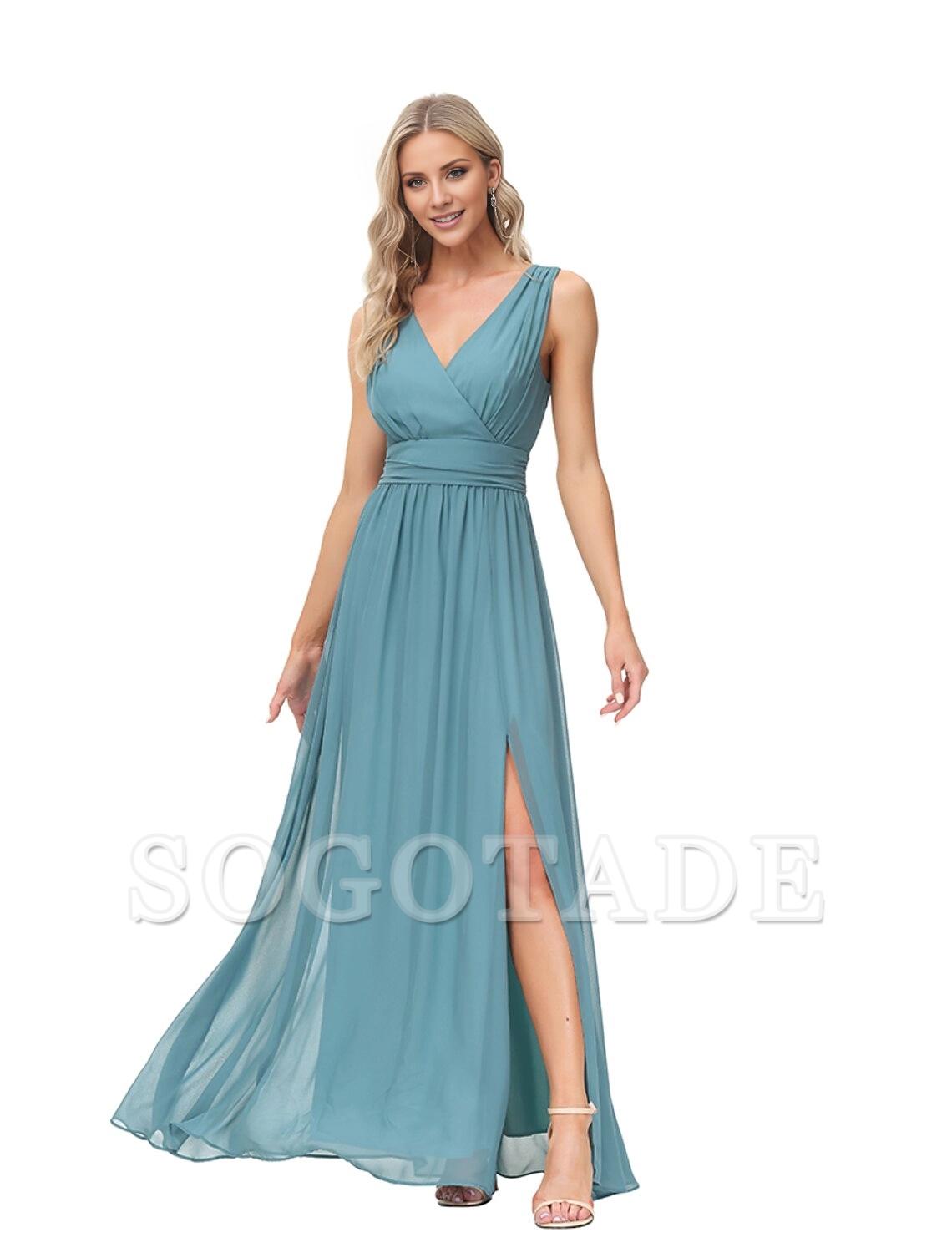 A-Line Evening Gown Elegant Dress Wedding Guest Party Wear Floor Length Sleeveless V Neck Bridesmaid Dress Chiffon V Back with Slit-SOGOTADE