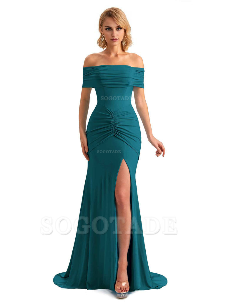 Elegant Mermaid Off The Shoulder Side Slit Stretchy Jersey Long Formal Bridesmaid Dresses