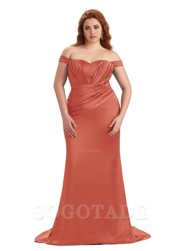 Sexy Mermaid Off The Shoulder Sweetheart Soft Satin Floor Length Long Plus Size Maid of Honor Dresses