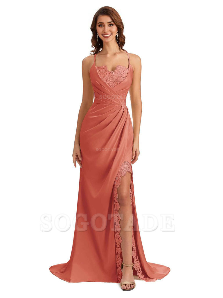 Sexy Side Slit Spaghetti Straps Lace Mermaid Silky Satin Wedding Guest Dresses