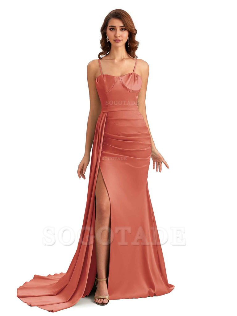 Sexy Spaghetti Straps Side Slit Mermaid Unique Long Bridesmaid Dresses In Satin