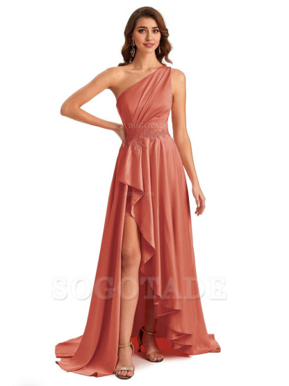Sexy One Shoulder A-Line High Low Silky Satin Lace Long Formal Wedding Guest Dresses