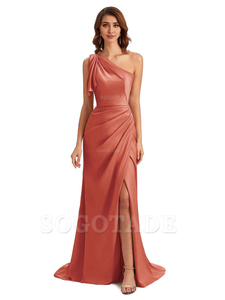 Sexy One Shoulder Mermaid Side Slit Unique Silky Satin Bridesmaid Dresses 