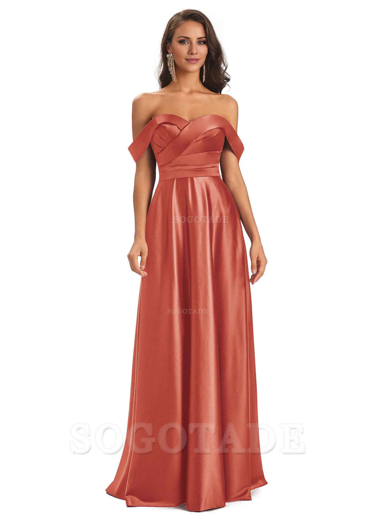 Sexy Soft Satin Off The Shoulder A-Line Long Bridesmaid Dresses Elegant Evening Party Dress