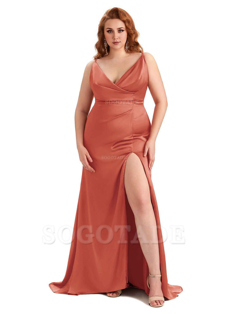 Sexy Side Slit Spaghetti Straps Mermaid Soft Satin Fashion Bridesmaid Dresses