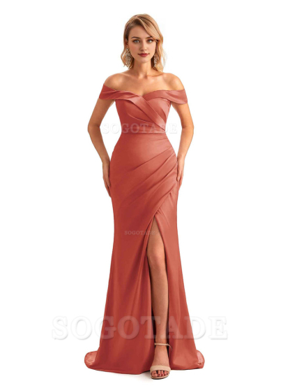 Off Shoulder Side Slit Mermaid Silky Satin Unique Long Formal Wedding Guest Dresses Online