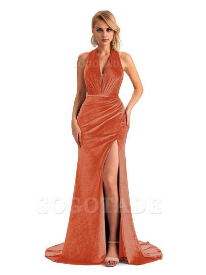 Sexy Deep V Neck Backless Mermaid Halter Side Slit Velvet Long Bridesmaid Dresses Online