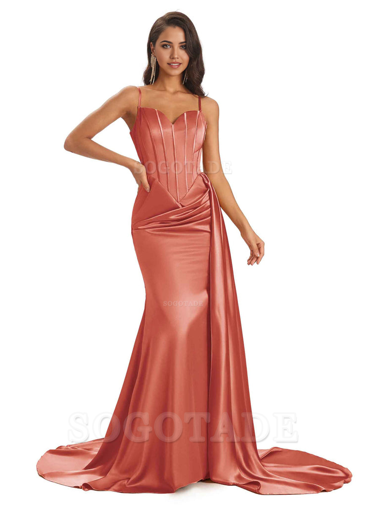 Sheath Spaghetti Satin Straps Floor-Length formal dresses evening gown Bridesmaid Dresses