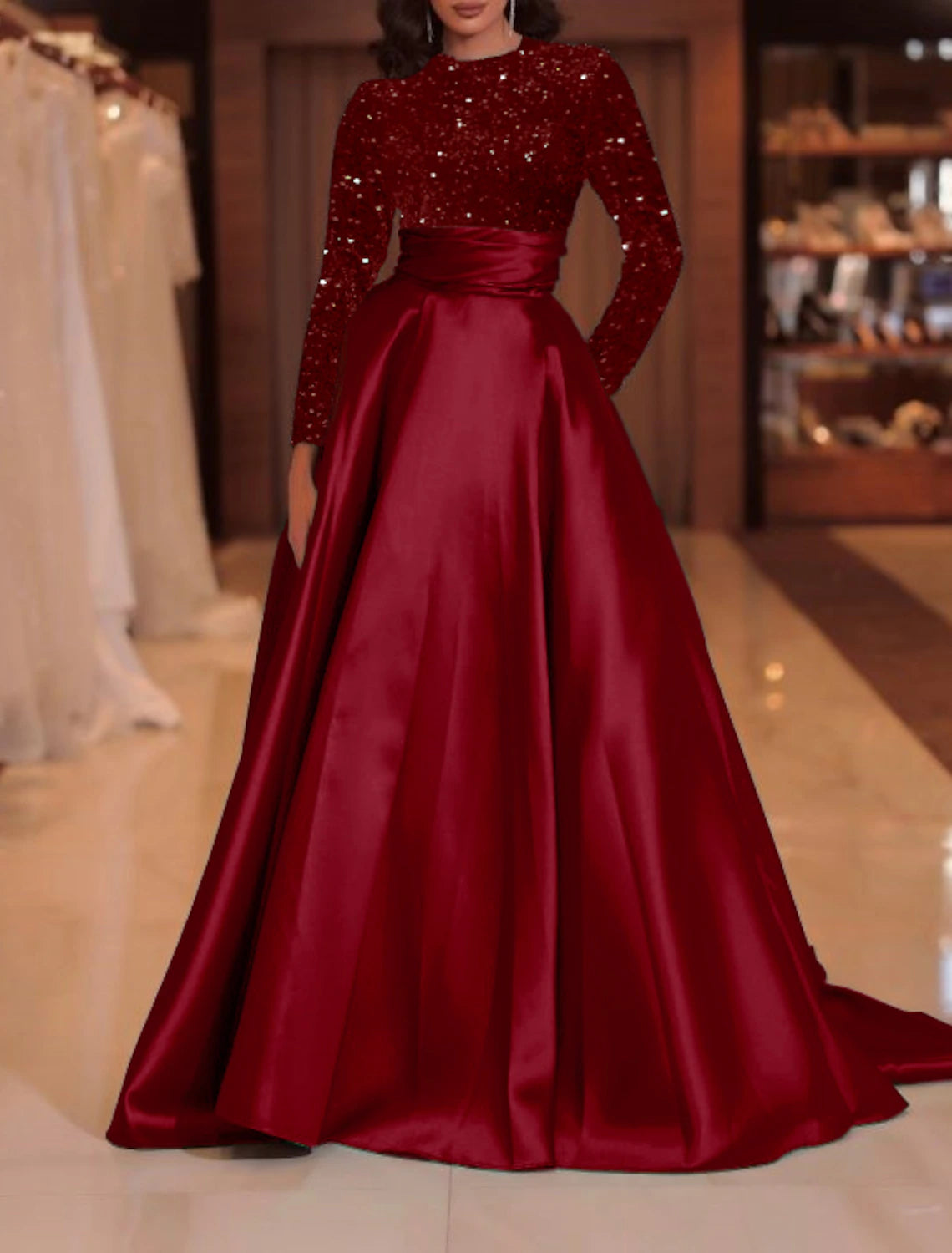 A-Line Evening Gown Sparkle Christmas Red Green Dress Formal Cocktail Party Court Train Long Sleeve High Neck Fall Wedding Guest Satin with Sequin 2024-SOGOTADE