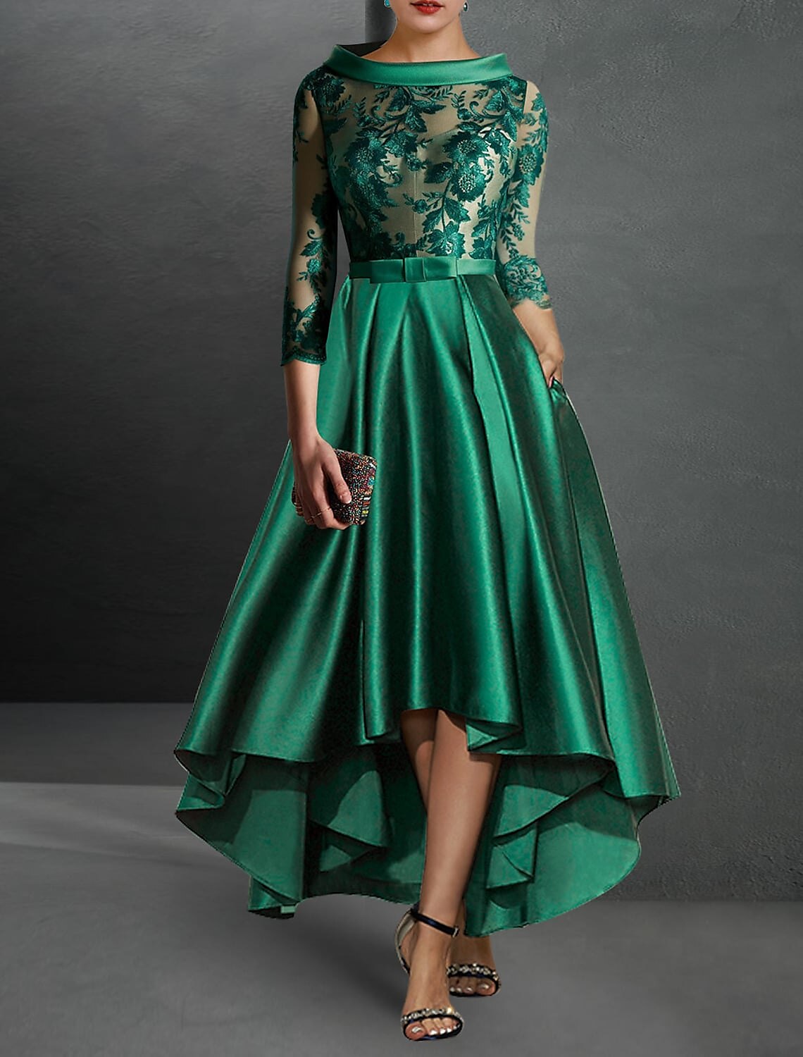 A-Line Cocktail Dress Christmas Red Green Dresses Elegant Dress Christmas Red Green Dress Formal Asymmetrical 3/4 Length Sleeve Jewel Neck Fall Wedding Guest Satin with Pleats Appliques 2024-SOGOTADE