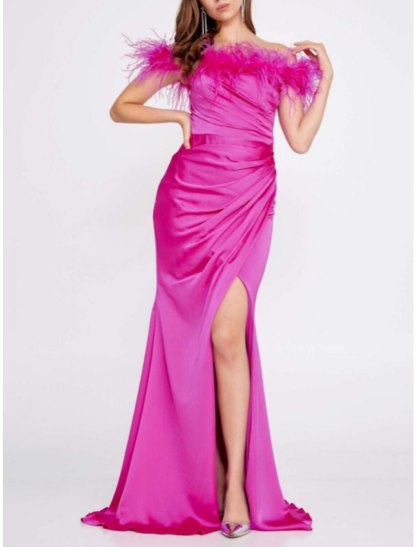 A-Line Evening Gown High Split Dress Formal Sweep / Brush Train Short Sleeve Off Shoulder Satin with Feather Ruched Slit-SOGOTADE