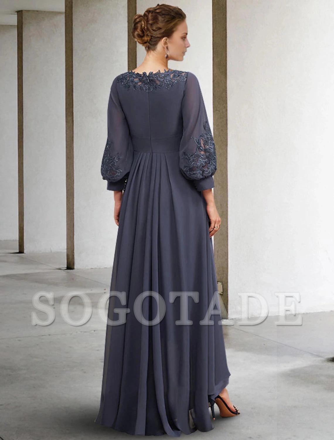 A-Line Mother of the Bride Dress Plus Size Elegant High Low Jewel Neck Asymmetrical Floor Length Chiffon Lace Half Sleeve with Pleats Appliques Side-Draped-SOGOTADE