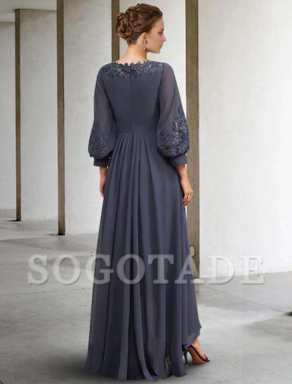 A-Line Mother of the Bride Dress Plus Size Elegant High Low Jewel Neck Asymmetrical Floor Length Chiffon Lace Half Sleeve with Pleats Appliques Side-Draped-SOGOTADE