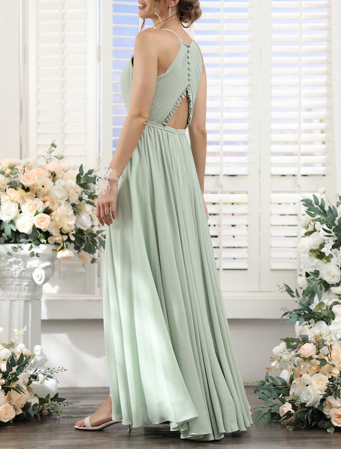 A-Line Bridesmaid Dress Halter Short Sleeve Elegant Floor Length Chiffon with Split Front / Ruching-SOGOTADE