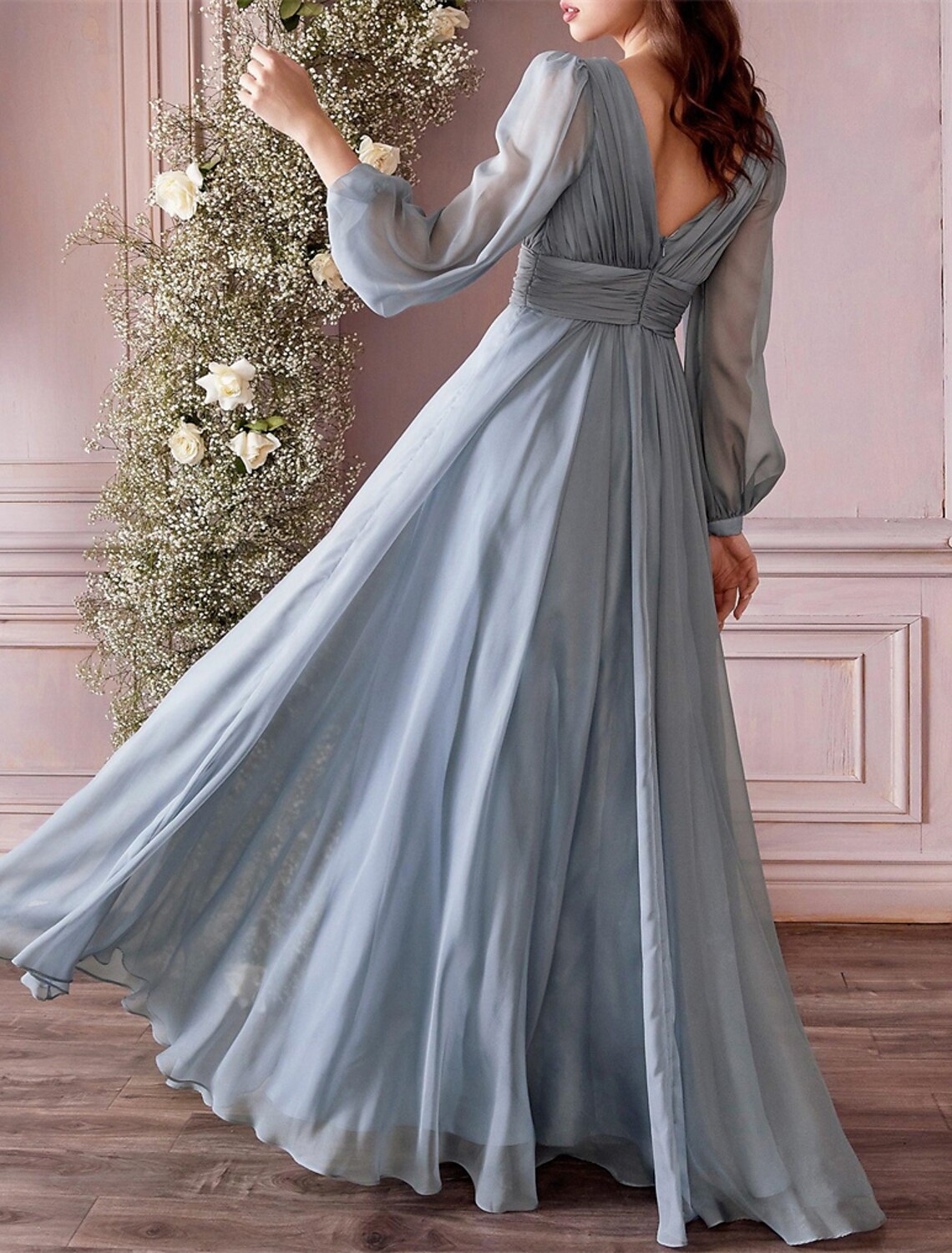 A-Line Bridesmaid Dress V Neck Long Sleeve Blue Floor Length Chiffon with Ruching / Solid Color-SOGOTADE