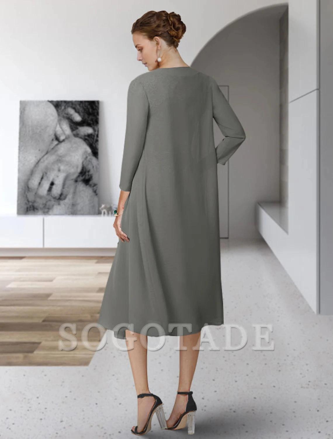 Two Piece Sheath / Column Mother of the Bride Dress Elegant Jewel Neck Tea Length Chiffon Lace Sleeveless with Appliques