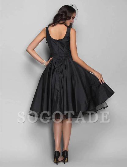 A-Line Cocktail Black Dress Vintage Dress Halloween Wedding Guest Knee Length Sleeveless V Neck Taffeta with Pleats Crystals-SOGOTADE