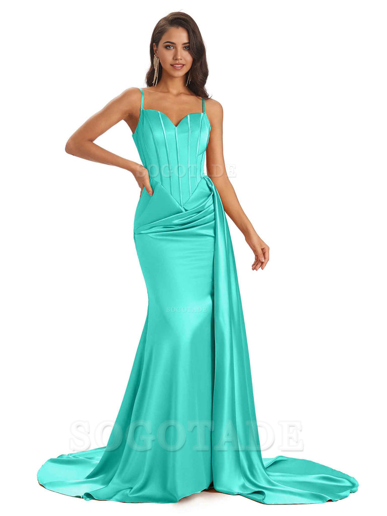 Sheath Spaghetti Satin Straps Floor-Length formal dresses evening gown Bridesmaid Dresses