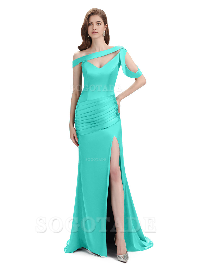 Mermaid V-Neck Satin Floor-Length formal dresses evening gown Bridesmaid Dresses With Side Slit 