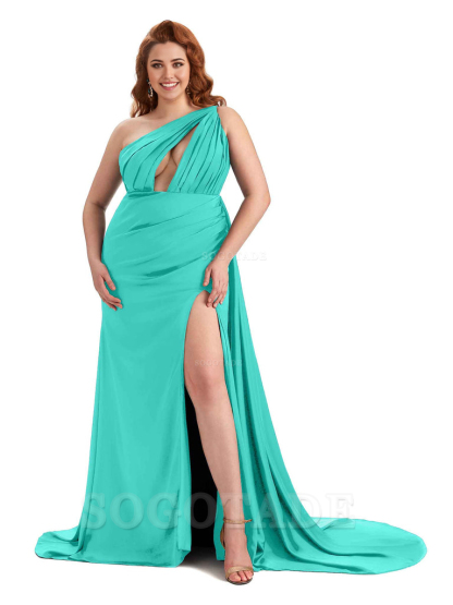 One Shoulder Sleeveless Sexy Side Slit Mermaid Soft Satin Long Plus Size Bridesmaid Dresses Online