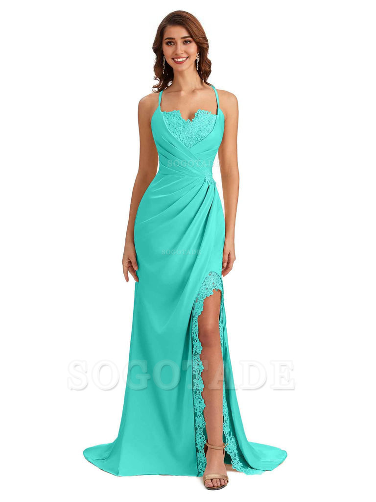 Sexy Side Slit Spaghetti Straps Lace Mermaid Silky Satin Wedding Guest Dresses