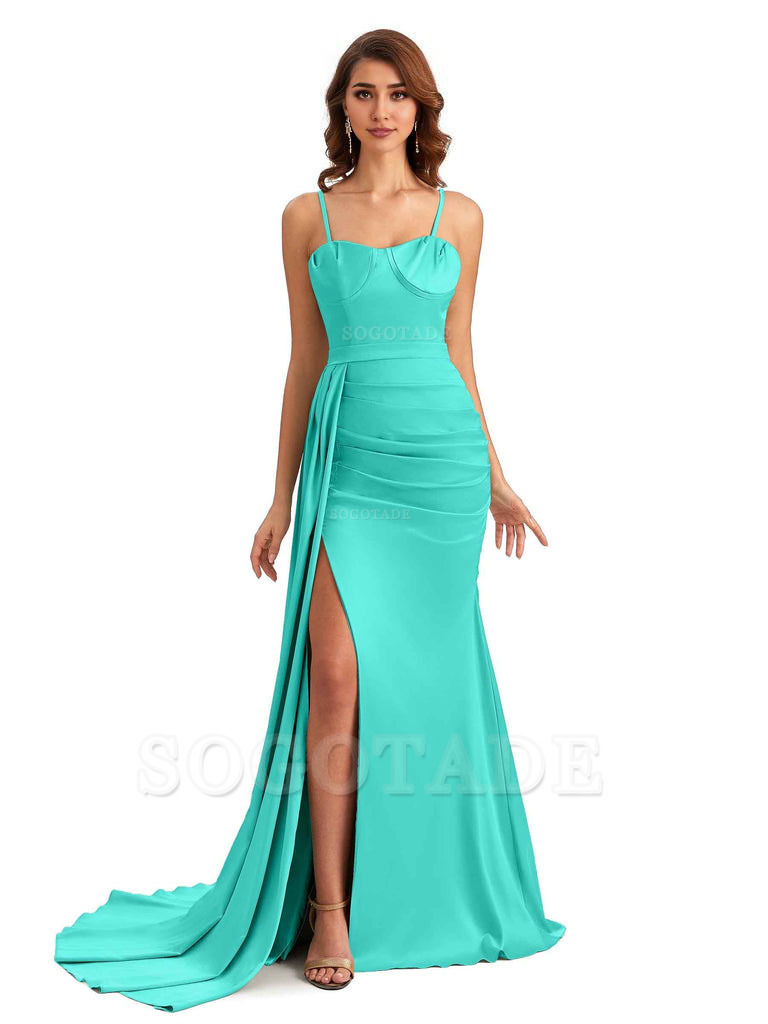 Sexy Spaghetti Straps Side Slit Mermaid Unique Long Bridesmaid Dresses In Satin