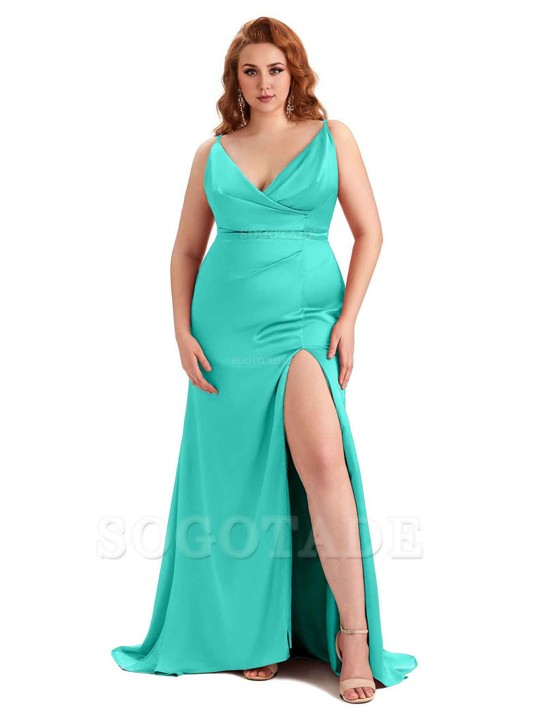 Sexy Side Slit Spaghetti Straps Mermaid Soft Satin Fashion Bridesmaid Dresses