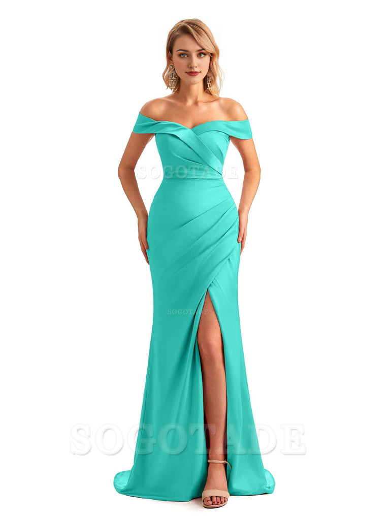Off Shoulder Side Slit Mermaid Silky Satin Unique Long Formal Wedding Guest Dresses Online