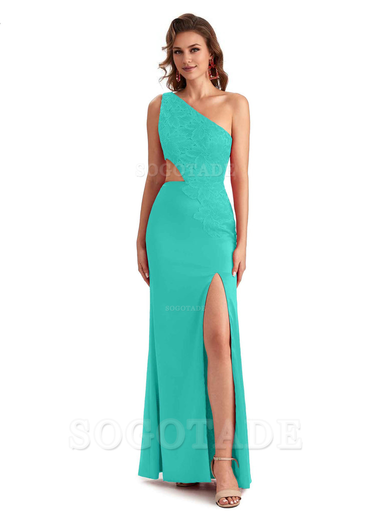 Sexy Side Slit Mermaid Lace Silky Satin One Shoulder Chic Long Bridesmaid Dresses